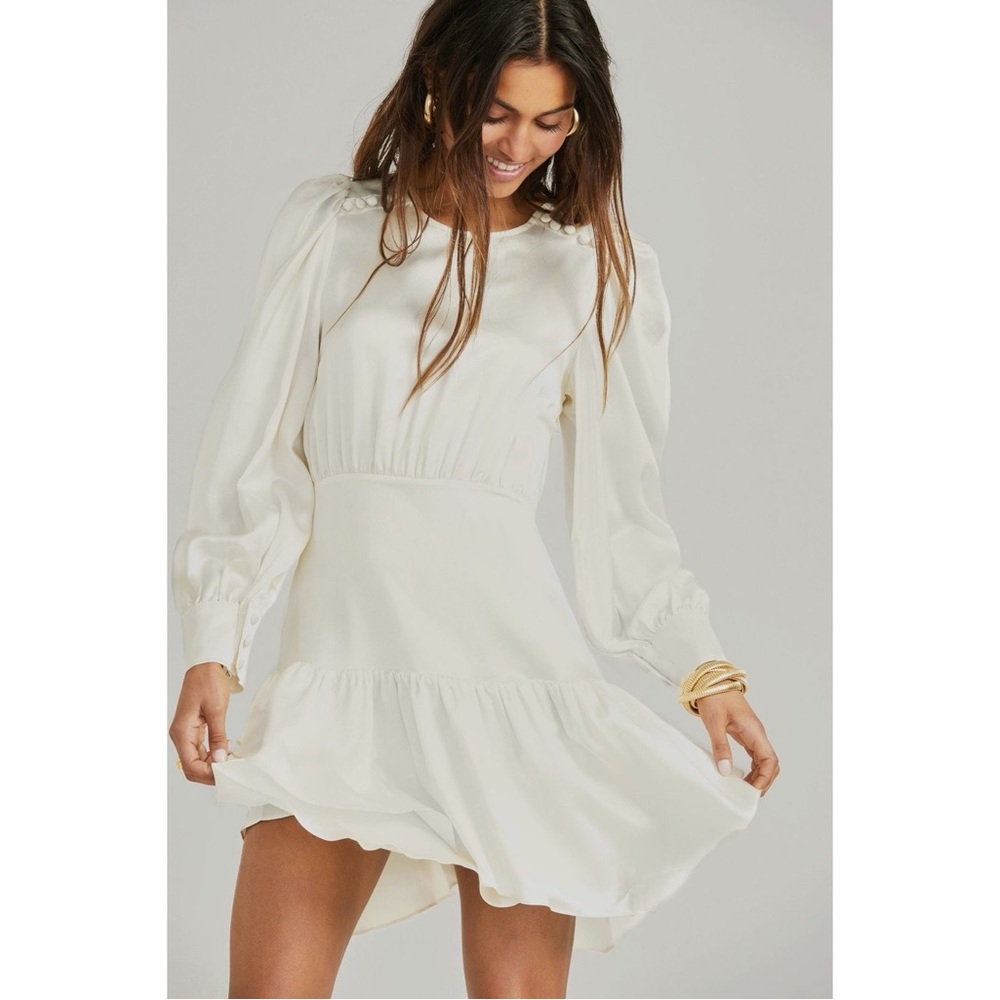 LoveShackFancy Teyana Silk Tiered Long Puff Sleeve Mini Dress in Cream